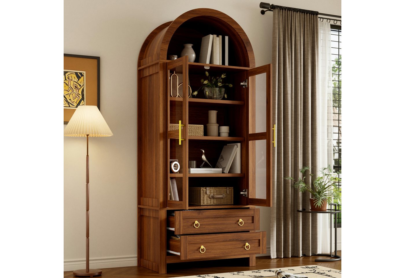 Merax Hochschrank mit LED-Beleuchtung,Standvitrine Vitrinenschrank mit Retro-Bogendesign (Aufbewahrungsschrank Buffetschrank Anrichte, 1-St., 76 x 40 x 180 cm)  – Bild 3 von 5