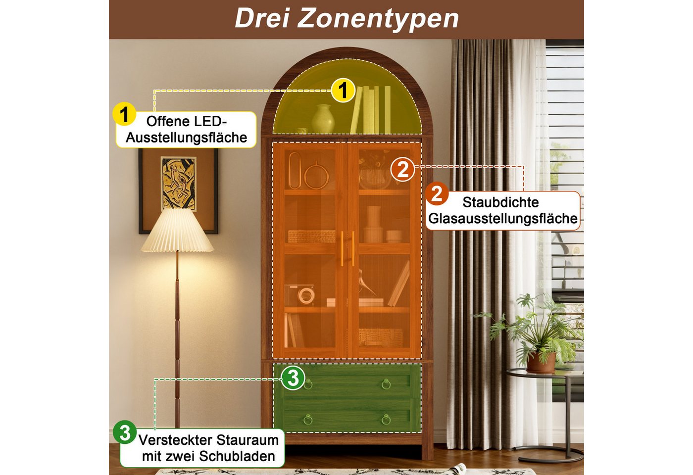 Merax Hochschrank mit LED-Beleuchtung,Standvitrine Vitrinenschrank mit Retro-Bogendesign (Aufbewahrungsschrank Buffetschrank Anrichte, 1-St., 76 x 40 x 180 cm)  – Bild 5 von 5