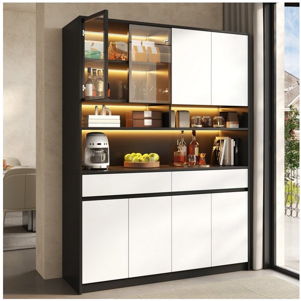 Merax Hochschrank mit LED-Beleuchtung, Glasvitrine, offenen Ablagen & Stauraum (1-St., 120 x 38 x 160 cm (L x B x H) Wohnzimmerschrank Sideboard Schrank mit APP