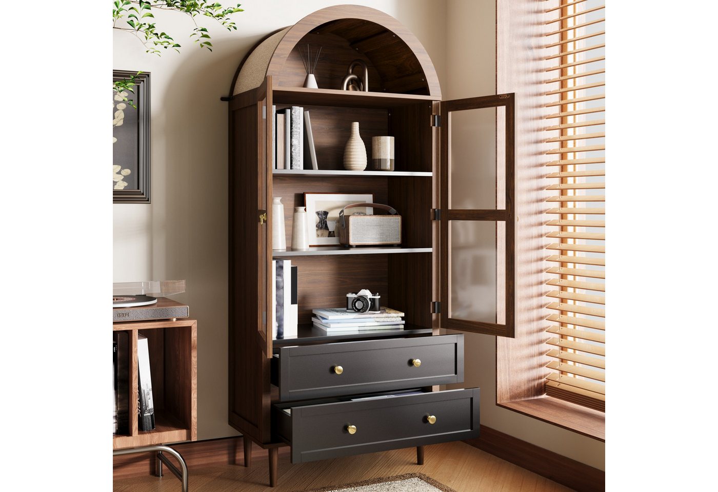 Merax Hochschrank Retro Sideboard Kommode mit walnussfarbener Holzmaserung (1-St) Aufbewahrungsschrank mit 2 gewölbter Glastür, 2 Schubladen,70×38×165cm – Bild 2 von 5
