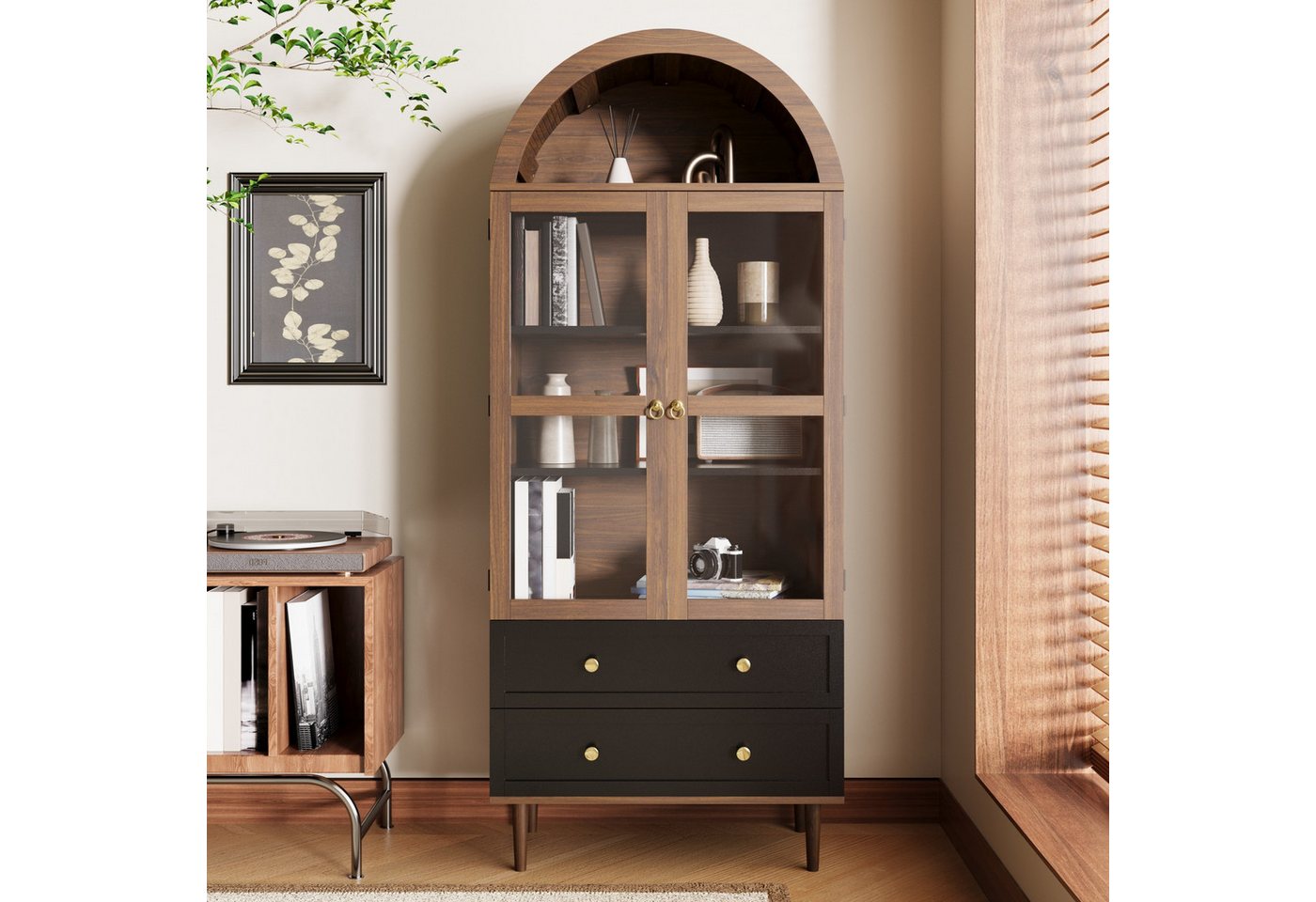 Merax Hochschrank Retro Sideboard Kommode mit walnussfarbener Holzmaserung (1-St) Aufbewahrungsschrank mit 2 gewölbter Glastür, 2 Schubladen,70×38×165cm – Bild 3 von 5