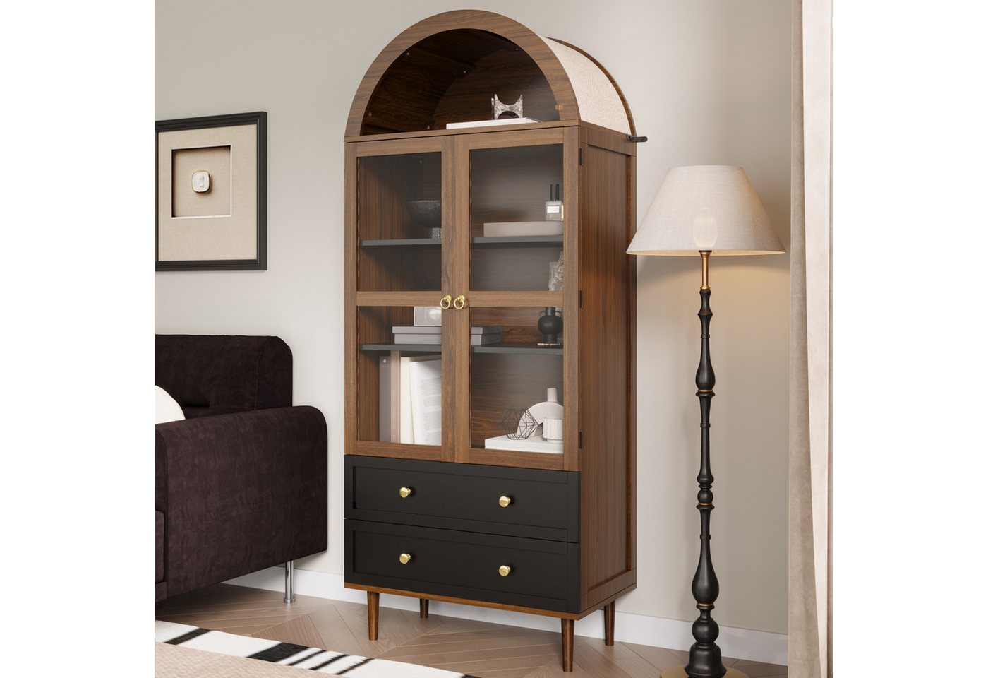 Merax Hochschrank Retro Sideboard Kommode mit walnussfarbener Holzmaserung (1-St) Aufbewahrungsschrank mit 2 gewölbter Glastür, 2 Schubladen,70×38×165cm – Bild 4 von 5