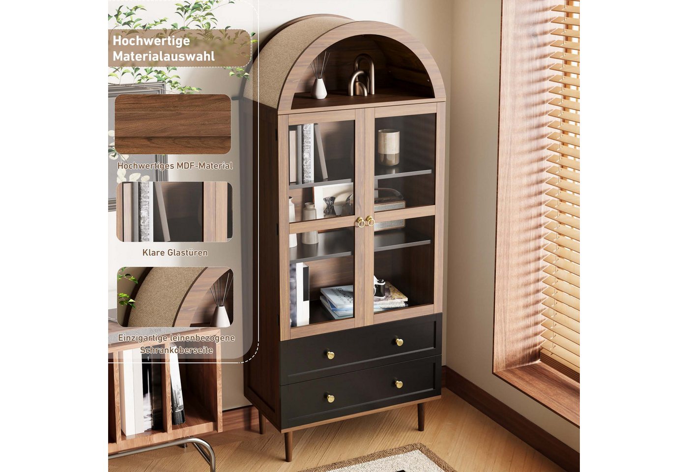 Merax Hochschrank Retro Sideboard Kommode mit walnussfarbener Holzmaserung (1-St) Aufbewahrungsschrank mit 2 gewölbter Glastür, 2 Schubladen,70×38×165cm – Bild 5 von 5