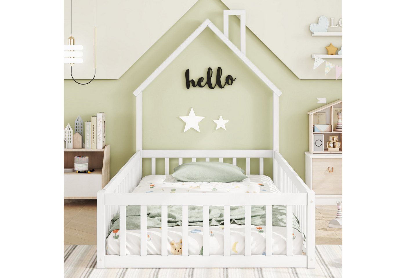 Merax Kinderbett (1-tlg), 90x200cm aus Kiefer,Bodenbett mit Lattenrost,Holzbett,Doppelbett – Bild 2 von 5
