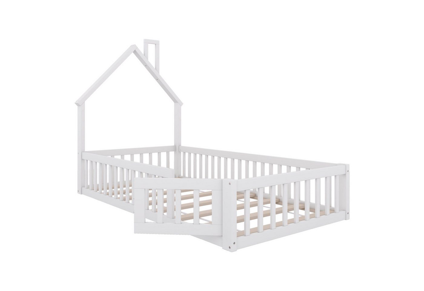 Merax Kinderbett (1-tlg), 90x200cm aus Kiefer,Bodenbett mit Lattenrost,Holzbett,Doppelbett – Bild 5 von 5