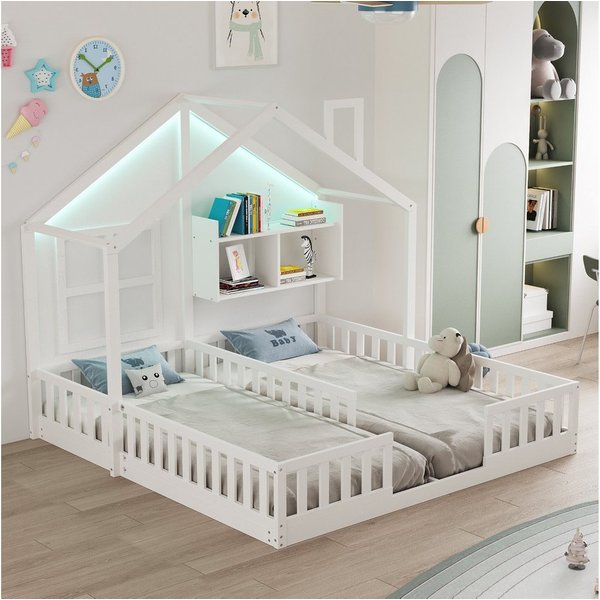 Merax Kinderbett 90×200cm Bodenbett mit LED-Licht, Jugendbett im Hausdesign (1-tlg), Doppelbett 90×200cm mit Sicherheitsgeländer, Ablagefach & Lattenrost