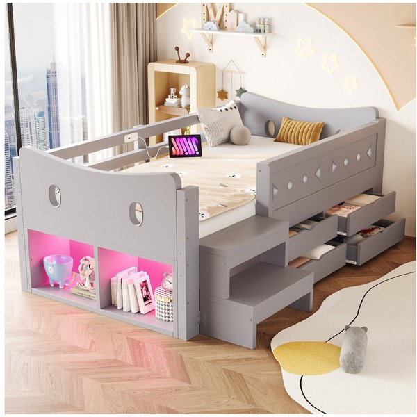 Merax Kinderbett 90×200cm mit LED-Beleuchtung und USB- & Typ-C-Anschluss (1-tlg., Einzelbett Hausbett aus Kiefernholz), Jugendbett mit 4 Schubladen, Sicherheits