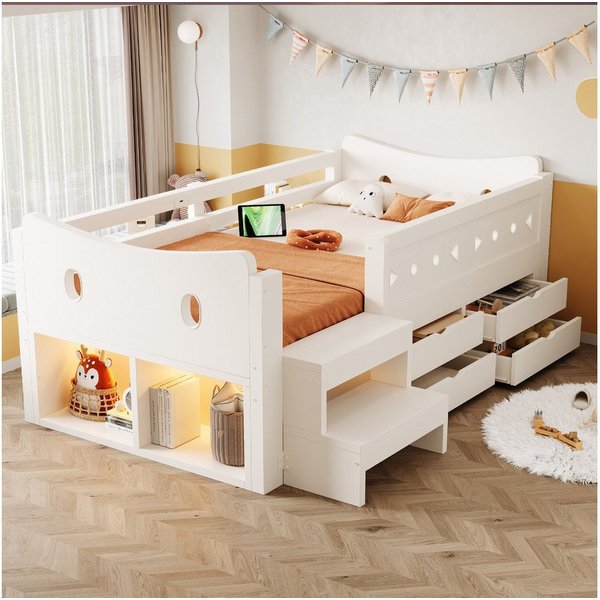Merax Kinderbett 90×200cm mit LED-Beleuchtung und USB- & Typ-C-Anschluss (1-tlg., Einzelbett Hausbett aus Kiefernholz), Jugendbett mit 4 Schubladen, Sicherheits