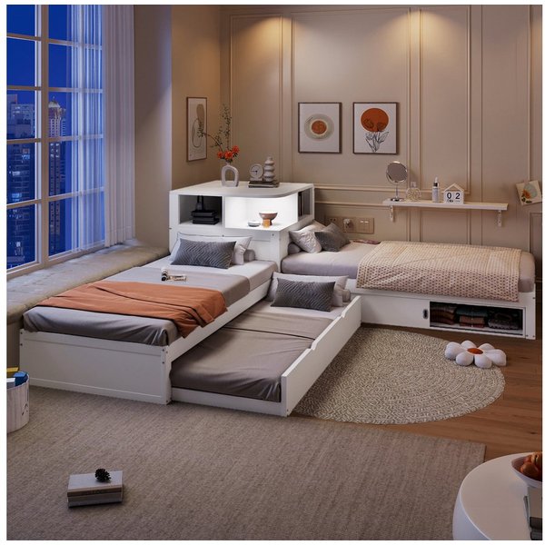 Merax Kinderbett 90x200cm mit Ausziehbett, L-förmiges Plattformbett (1-tlg., Jugendbett Dreibettbett Gästebett), Kiefernholz Jugendbett mit Schiebetür-Stauraum 