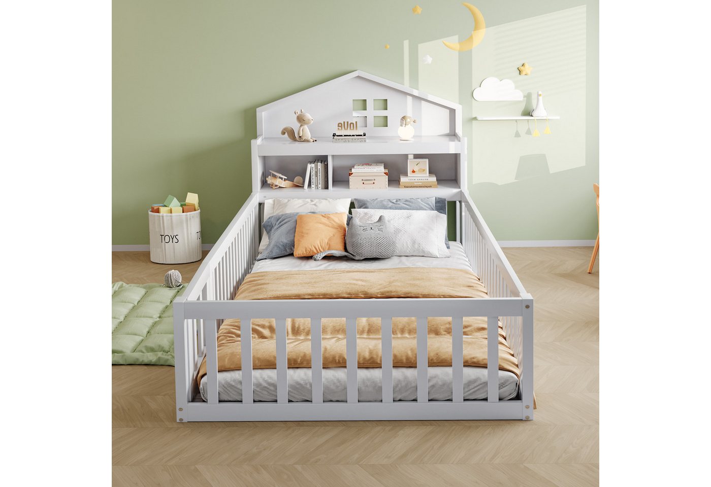 Merax Kinderbett 90x200cm mit Tür, Regal und Kreidetafel (1-tlg), Bodenbett mit Lattenrost und Stauraum,Massivholz Hausbett Jugendbett – Bild 2 von 5
