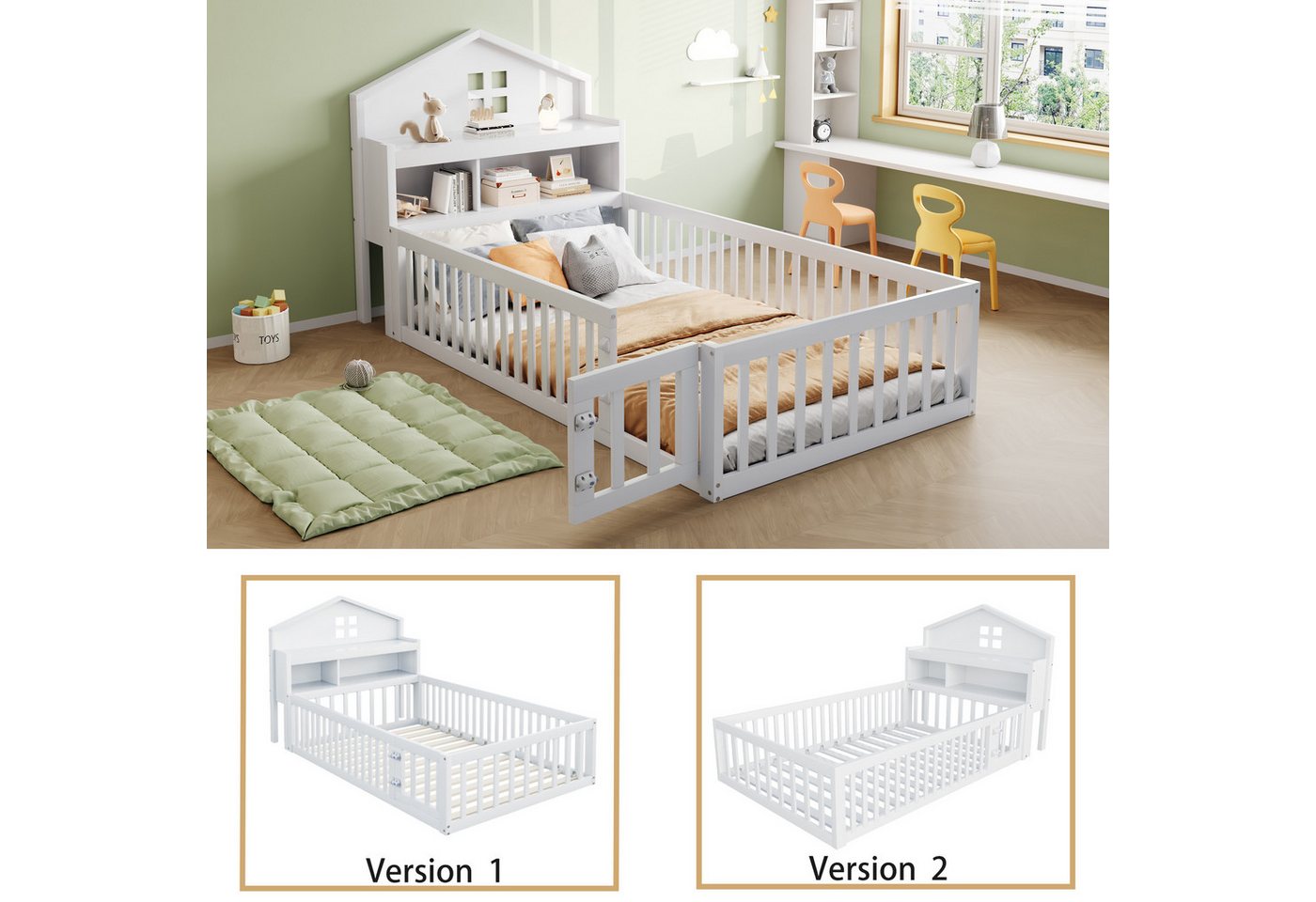 Merax Kinderbett 90x200cm mit Tür, Regal und Kreidetafel (1-tlg), Bodenbett mit Lattenrost und Stauraum,Massivholz Hausbett Jugendbett – Bild 3 von 5