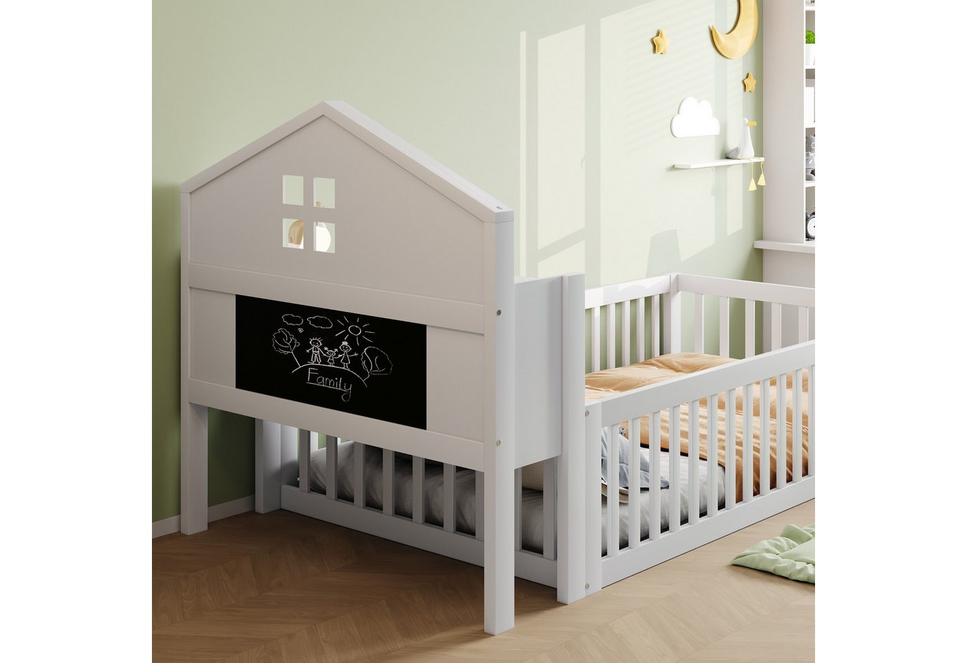 Merax Kinderbett 90x200cm mit Tür, Regal und Kreidetafel (1-tlg), Bodenbett mit Lattenrost und Stauraum,Massivholz Hausbett Jugendbett – Bild 4 von 5