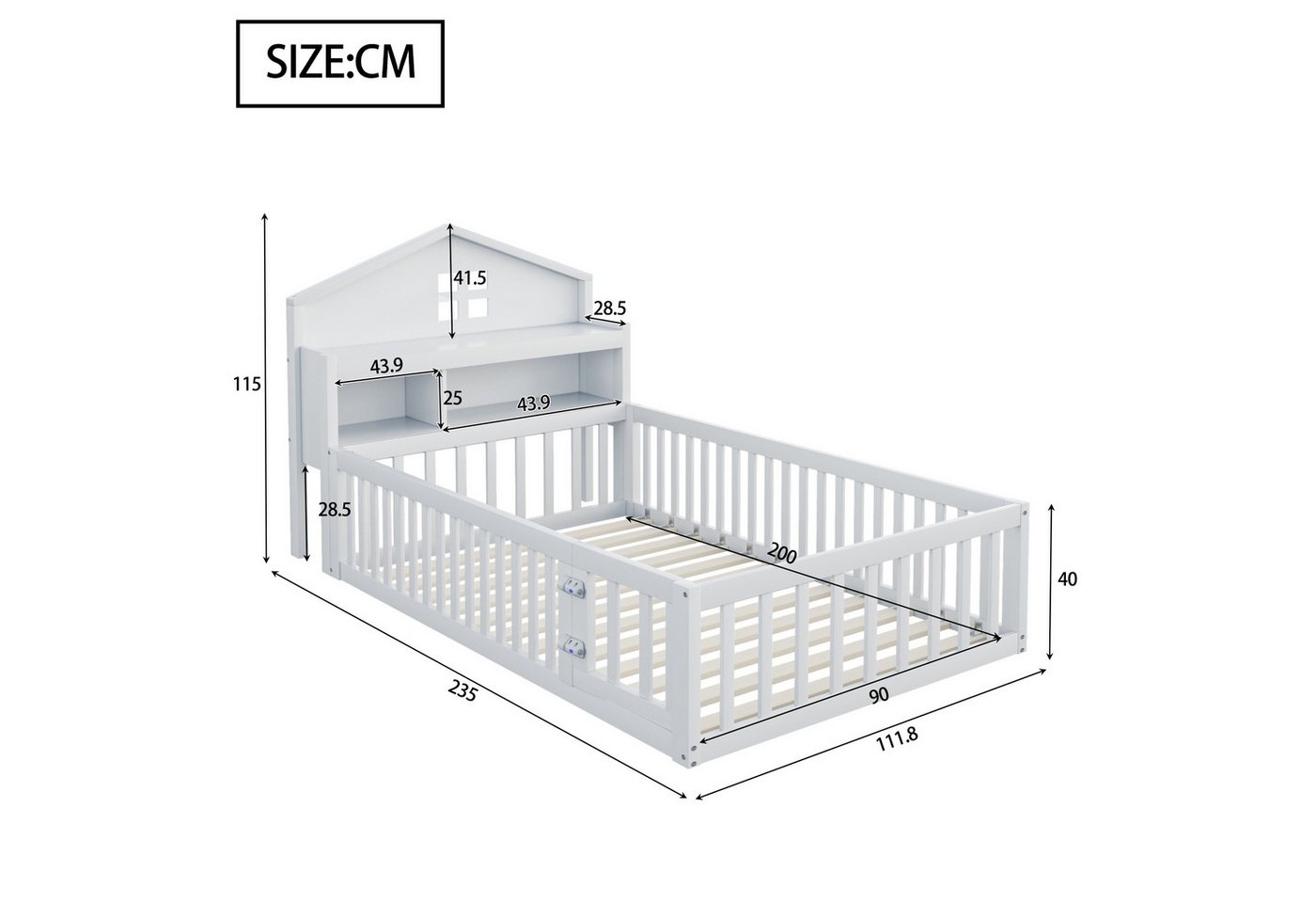 Merax Kinderbett 90x200cm mit Tür, Regal und Kreidetafel (1-tlg), Bodenbett mit Lattenrost und Stauraum,Massivholz Hausbett Jugendbett – Bild 5 von 5