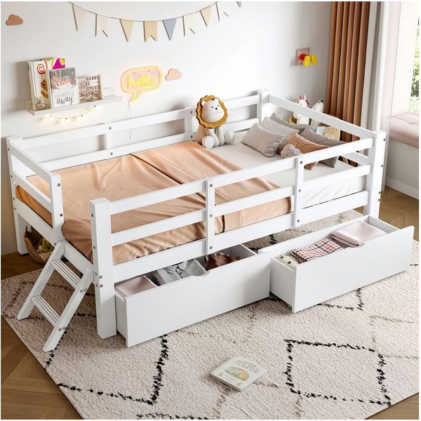 Merax Kinderbett Holz-Plattformbett 90x200cm mit Schutzgeländer & 2 Schubladen (1-tlg), Massivholzbett Jugendbett Bodenbett Einzelbett Babybett