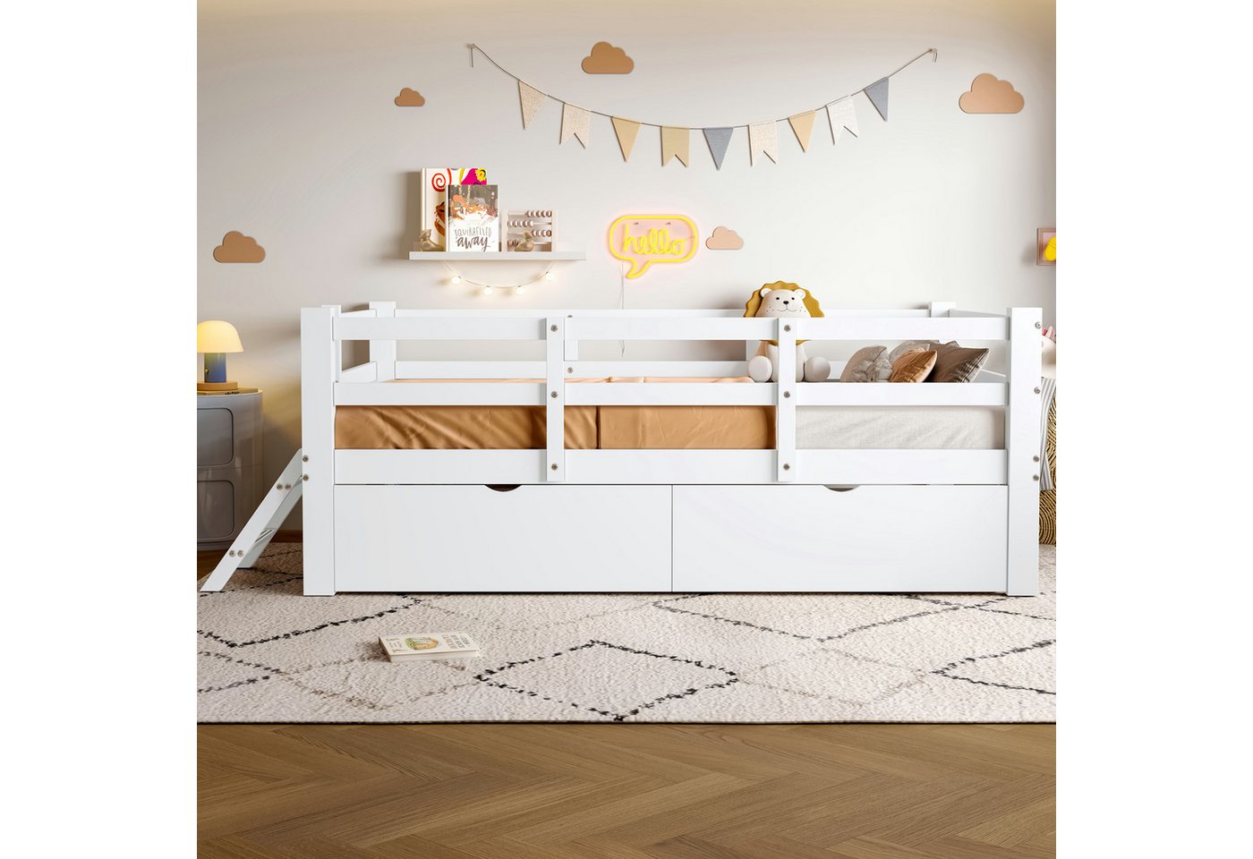 Merax Kinderbett Holz-Plattformbett 90x200cm mit Schutzgeländer & 2 Schubladen (1-tlg), Massivholzbett Jugendbett Bodenbett Einzelbett Babybett – Bild 2 von 5