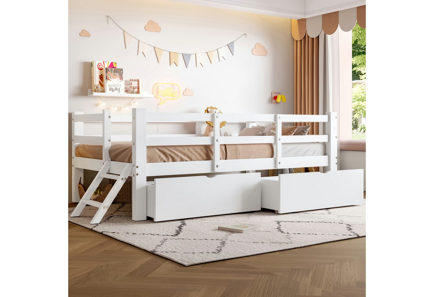 Merax Kinderbett Holz-Plattformbett 90x200cm mit Schutzgeländer & 2 Schubladen (1-tlg), Massivholzbett Jugendbett Bodenbett Einzelbett Babybett – Bild 3 von 5