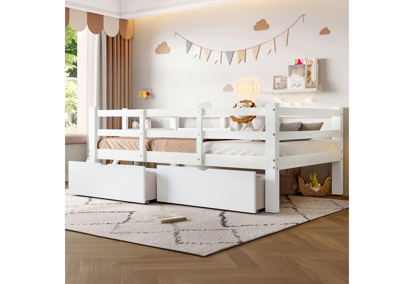 Merax Kinderbett Holz-Plattformbett 90x200cm mit Schutzgeländer & 2 Schubladen (1-tlg), Massivholzbett Jugendbett Bodenbett Einzelbett Babybett – Bild 4 von 5