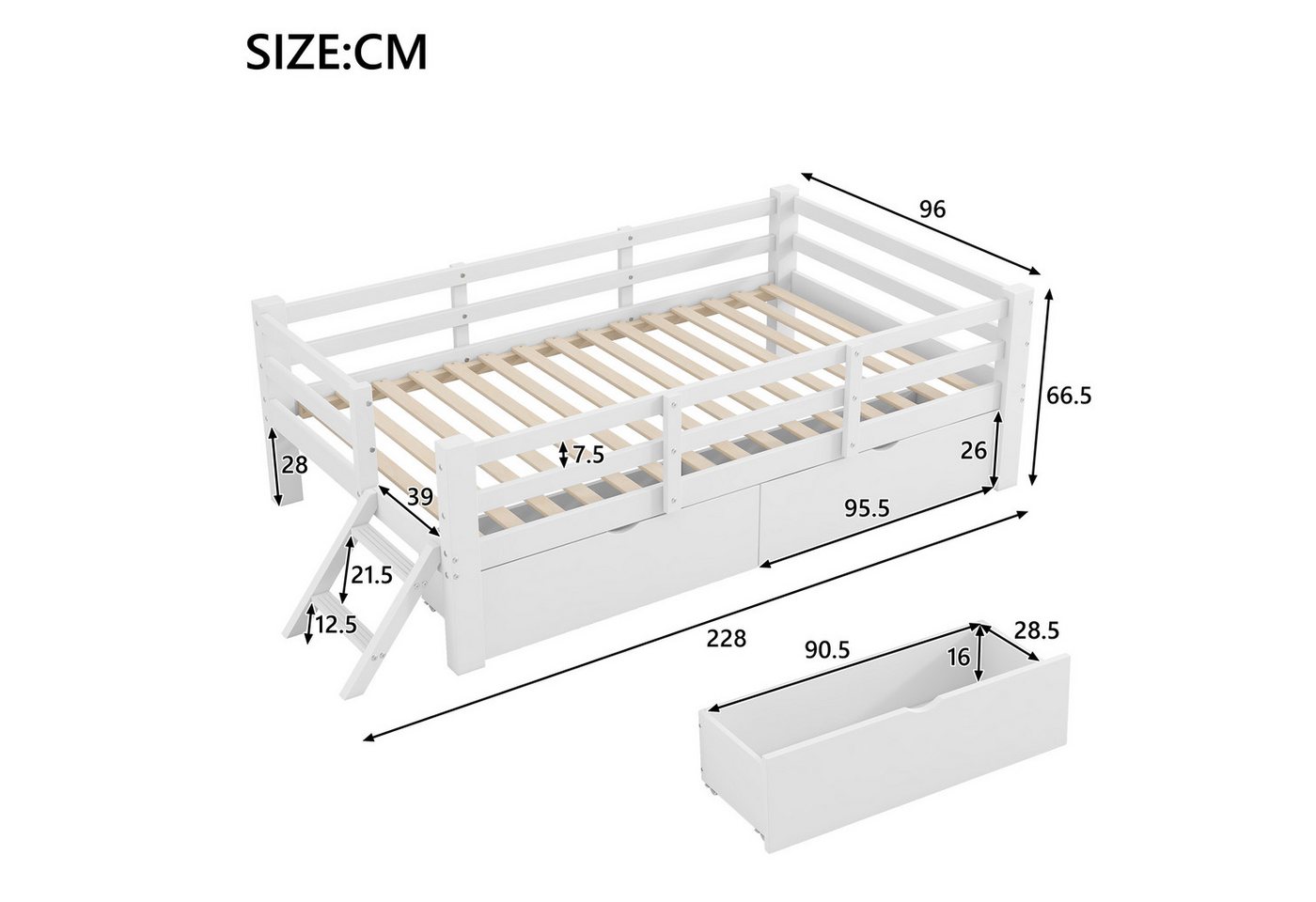 Merax Kinderbett Holz-Plattformbett 90x200cm mit Schutzgeländer & 2 Schubladen (1-tlg), Massivholzbett Jugendbett Bodenbett Einzelbett Babybett – Bild 5 von 5