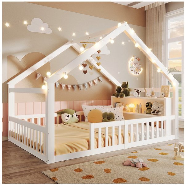 Merax Kinderbett in Hausform, Bodenbett mit integriertem Regal und Lampenleis (1-tlg), Kiefernholz Babybett Flachbett 90x190cm Hausbett mit Gitter & Ablage
