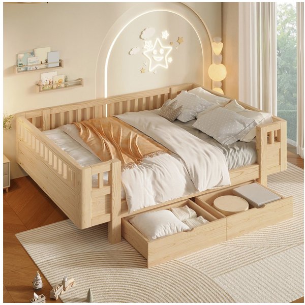Merax Kinderbett mit Schutzgitter und 2 großen Schubladen (1-tlg), Massivholz Plattformbett 140x200cm Stauraumbett Jugendbett
