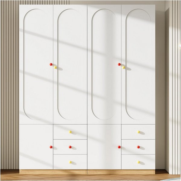 Merax Kinderkleiderschrank Kinder-Kleiderschrank, 3-türiger Kleiderschrank (2-St., mit 3 Schubladen) Kinderzimmer, Kinderzimmermöbel, Kleiderstange, Bunte Keram