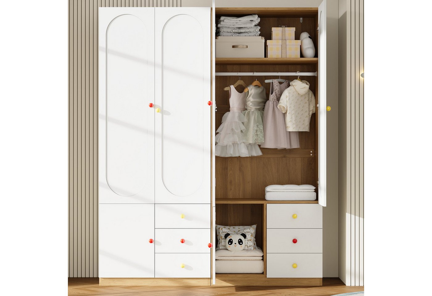 Merax Kinderkleiderschrank Kinder-Kleiderschrank, 3-türiger Kleiderschrank (2-St., mit 3 Schubladen) Kinderzimmer, Kinderzimmermöbel, Kleiderstange, Bunte Keram – Bild 2 von 5