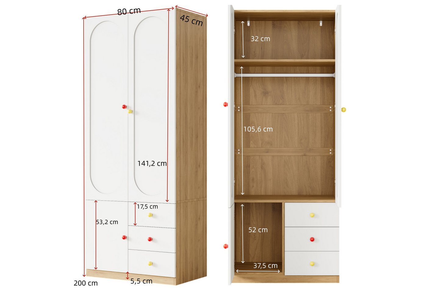 Merax Kinderkleiderschrank Kinder-Kleiderschrank, 3-türiger Kleiderschrank (2-St., mit 3 Schubladen) Kinderzimmer, Kinderzimmermöbel, Kleiderstange, Bunte Keram – Bild 3 von 5