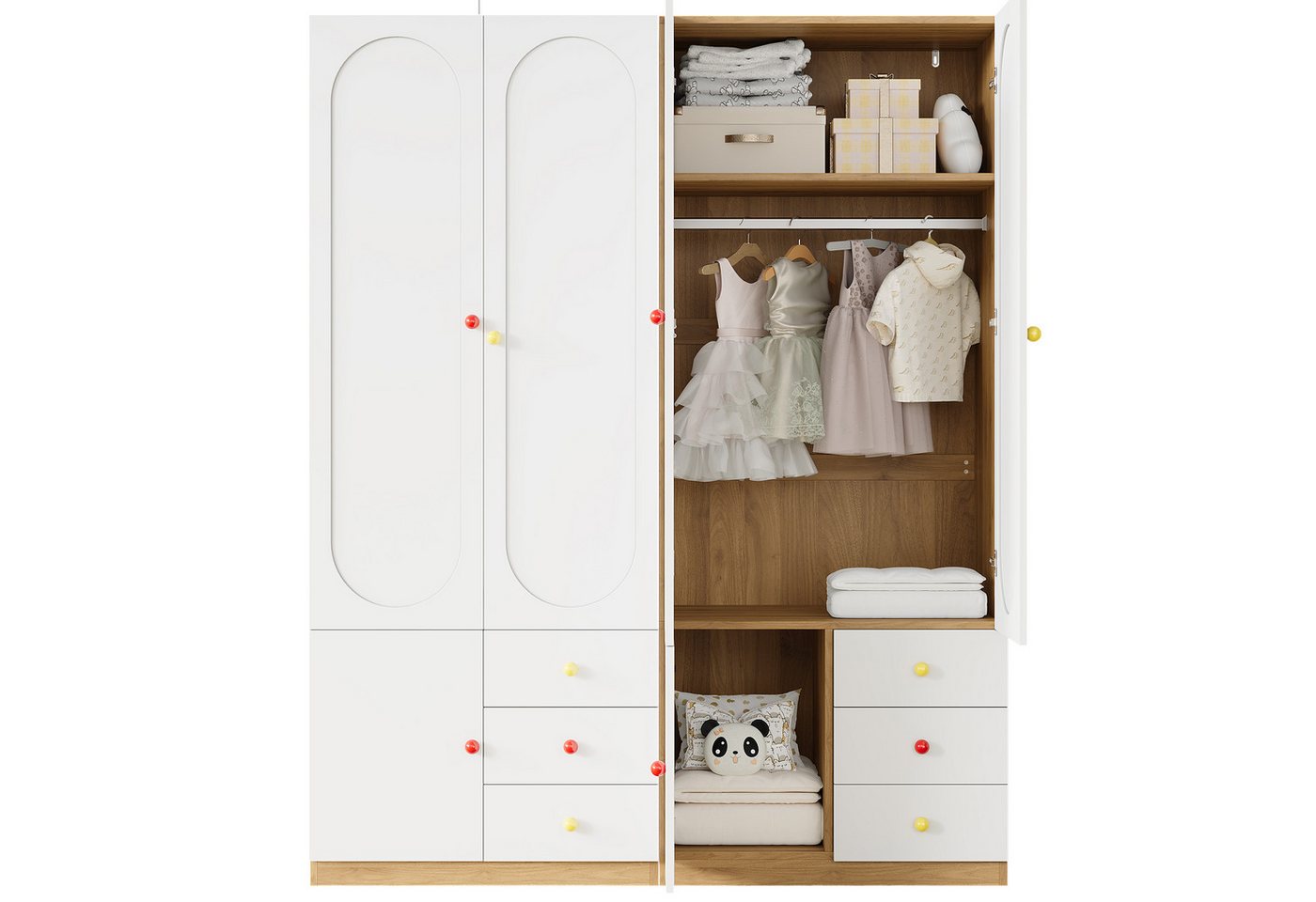 Merax Kinderkleiderschrank Kinder-Kleiderschrank, 3-türiger Kleiderschrank (2-St., mit 3 Schubladen) Kinderzimmer, Kinderzimmermöbel, Kleiderstange, Bunte Keram – Bild 4 von 5