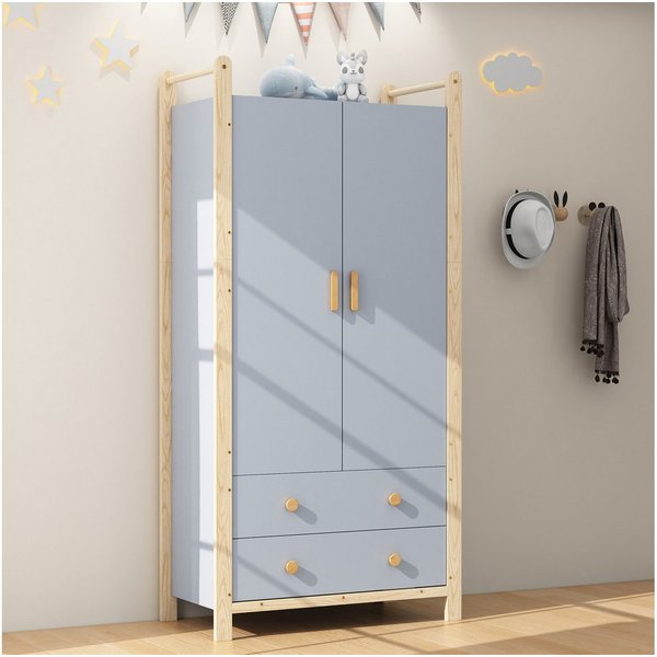 Merax Kinderkleiderschrank Kinder-Kleiderschrank mit 2 Türen, 2 Schubladen, Kleiderstange (1-St., Stauraum für Kinderzimmer) Landhausstil Kleiderschrank, 90×45×