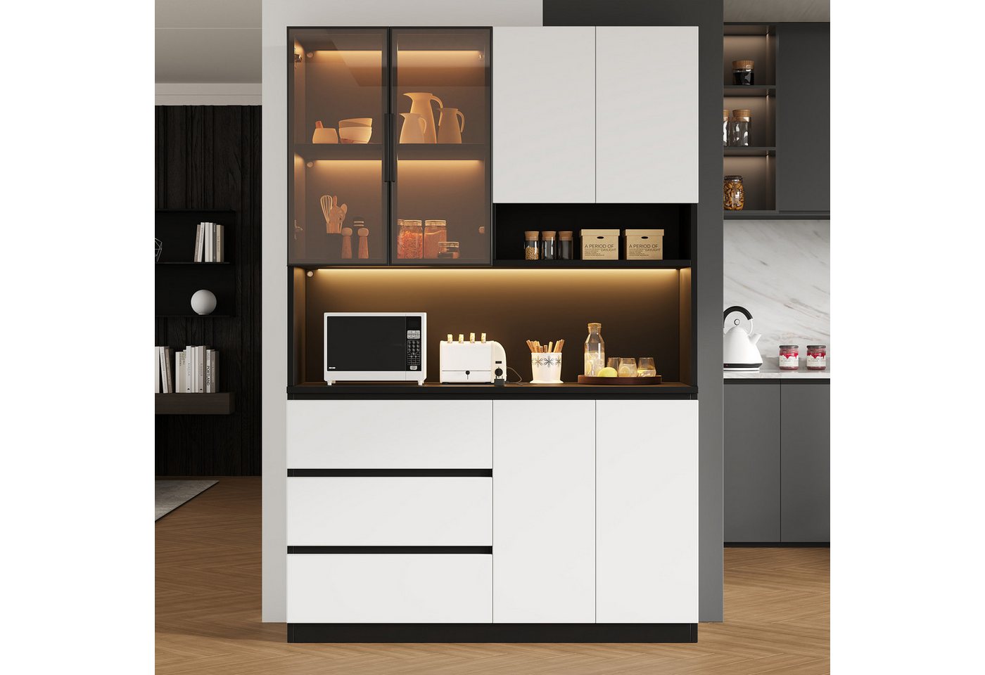 Merax Küchenbuffet Küchenschrank Küchenvitrine mit LED-Beleuchtung (1-St., 3 Schubladen, 6 Türen, Ablagebretter) Multifunktional, Hochschrank, Buffetschrank – Bild 2 von 5