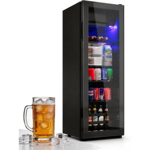 Merax Kühlschrank 128L mit Gefrierfach, Glastür, LED-Beleuchtung, verstellebare Ablage, Getränkekühlschrank SC-128P, 110 cm hoch, 40 cm breit, Mini Kühlschrank,