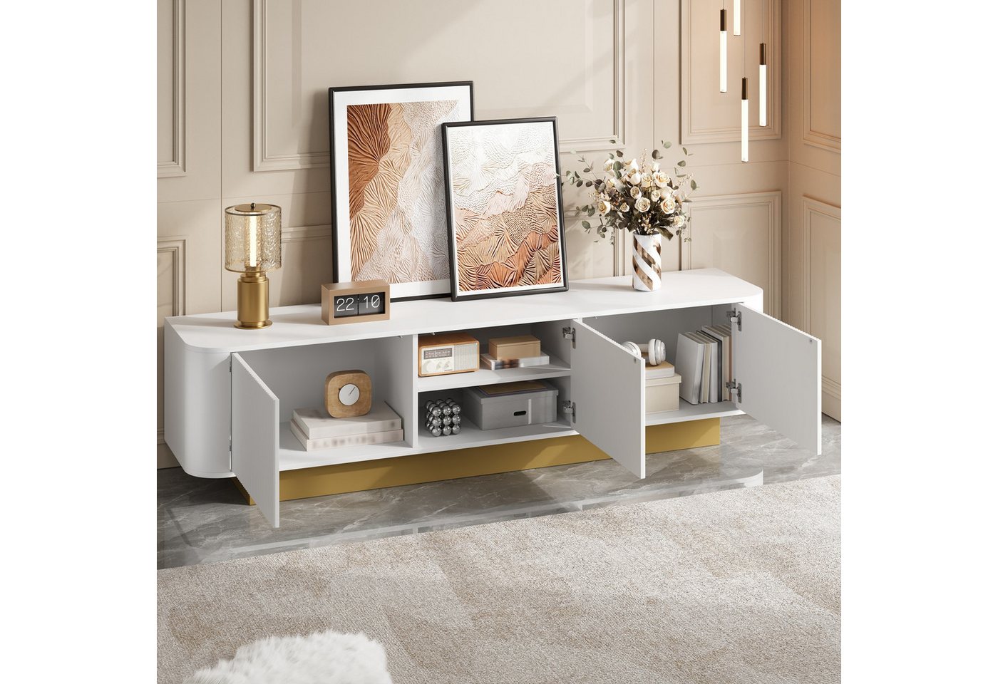 Merax Lowboard (1 St., 170 × 40,5 × 47 cm), TV-Schrank mit Stauraum, 3 Schranktüren & strukturierter Front – Bild 2 von 5
