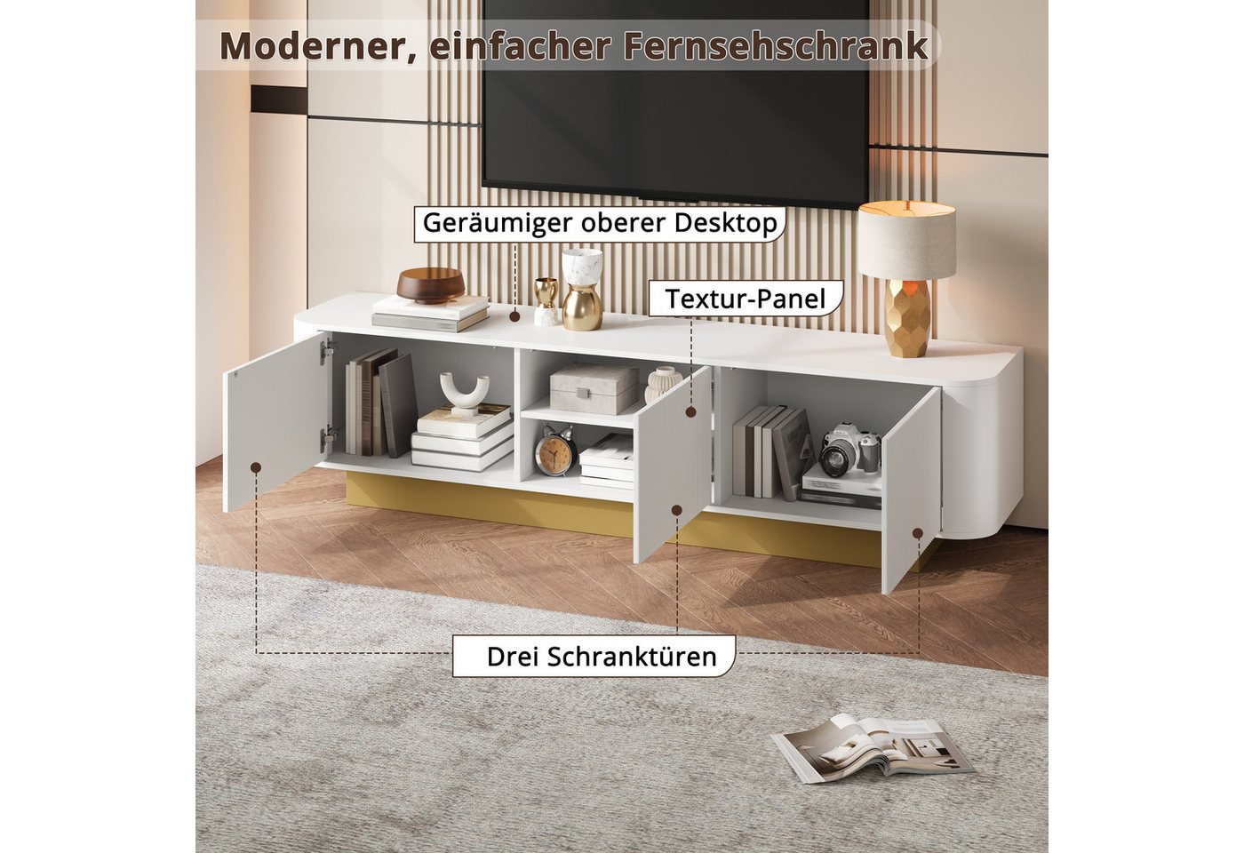 Merax Lowboard (1 St., 170 × 40,5 × 47 cm), TV-Schrank mit Stauraum, 3 Schranktüren & strukturierter Front – Bild 4 von 5