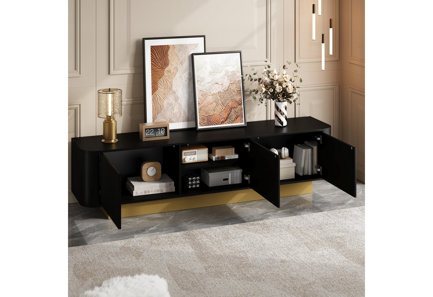 Merax Lowboard (1 St., 170 × 40,5 × 47 cm), TV-Schrank mit Stauraum, 3 Schranktüren & strukturierter Front – Bild 2 von 5