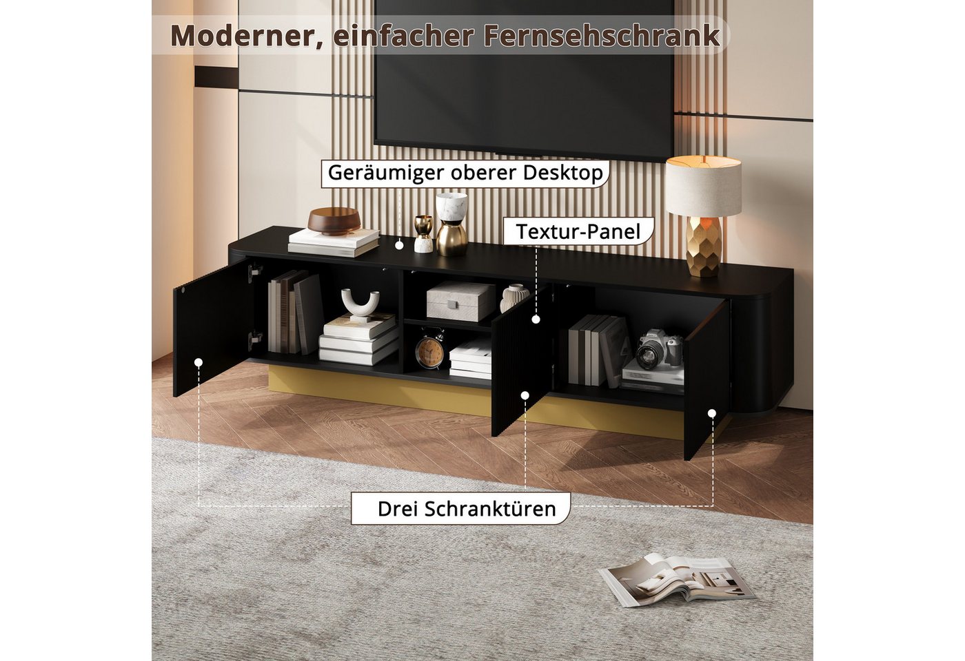 Merax Lowboard (1 St., 170 × 40,5 × 47 cm), TV-Schrank mit Stauraum, 3 Schranktüren & strukturierter Front – Bild 4 von 5