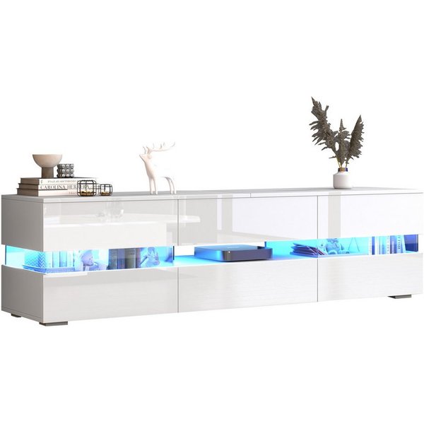 Merax Lowboard Hochglanz mit LED-Beleuchtung & Push-to-Open (für Fernseher bis 70 Zoll, 1 St), TV-Schrank mit 2 Türen, 1 Schublade & Acrylglaseinsatz, 160x39x45