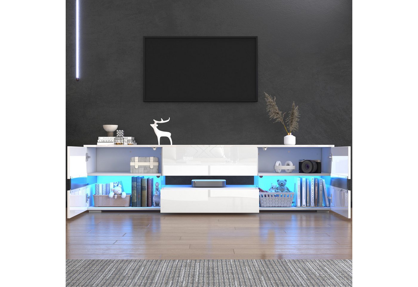 Merax Lowboard Hochglanz mit LED-Beleuchtung & Push-to-Open (für Fernseher bis 70 Zoll, 1 St), TV-Schrank mit 2 Türen, 1 Schublade & Acrylglaseinsatz, 160x39x45 – Bild 2 von 5