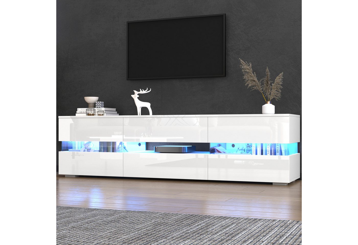Merax Lowboard Hochglanz mit LED-Beleuchtung & Push-to-Open (für Fernseher bis 70 Zoll, 1 St), TV-Schrank mit 2 Türen, 1 Schublade & Acrylglaseinsatz, 160x39x45 – Bild 3 von 5