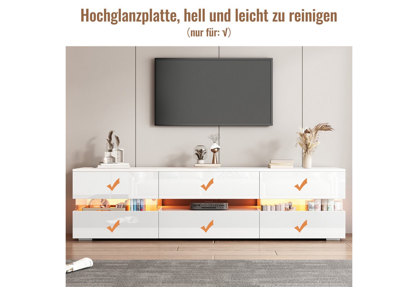 Merax Lowboard Hochglanz mit LED-Beleuchtung & Push-to-Open (für Fernseher bis 70 Zoll, 1 St), TV-Schrank mit 2 Türen, 1 Schublade & Acrylglaseinsatz, 160x39x45 – Bild 4 von 5
