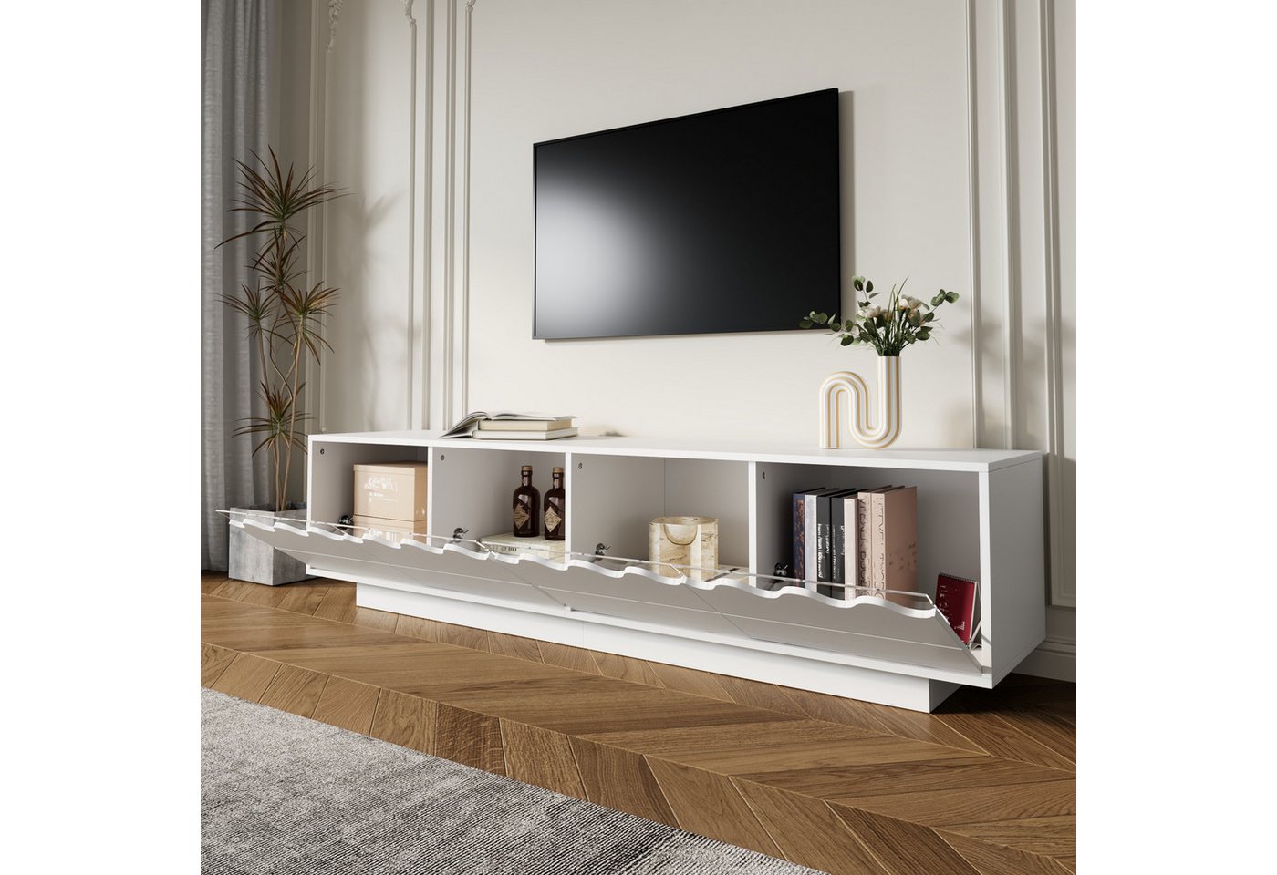 Merax Lowboard im Wellen-Design (1 St), TV-Schrank mit 4 Türen, Glasregalen und Stauraum, 170x45x40cm – Bild 2 von 5