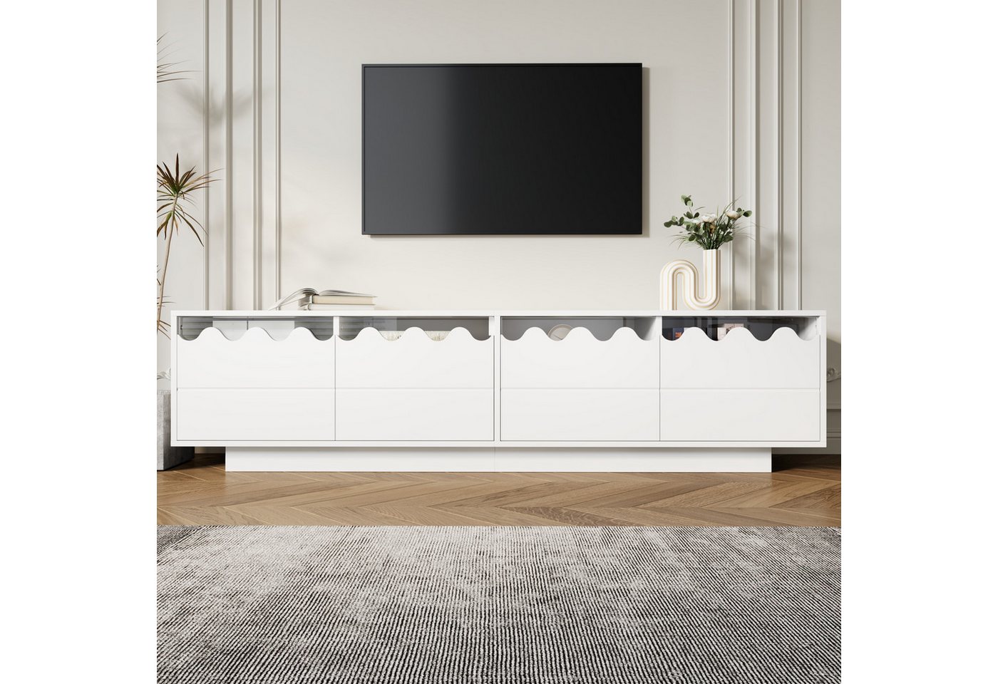 Merax Lowboard im Wellen-Design (1 St), TV-Schrank mit 4 Türen, Glasregalen und Stauraum, 170x45x40cm – Bild 3 von 5
