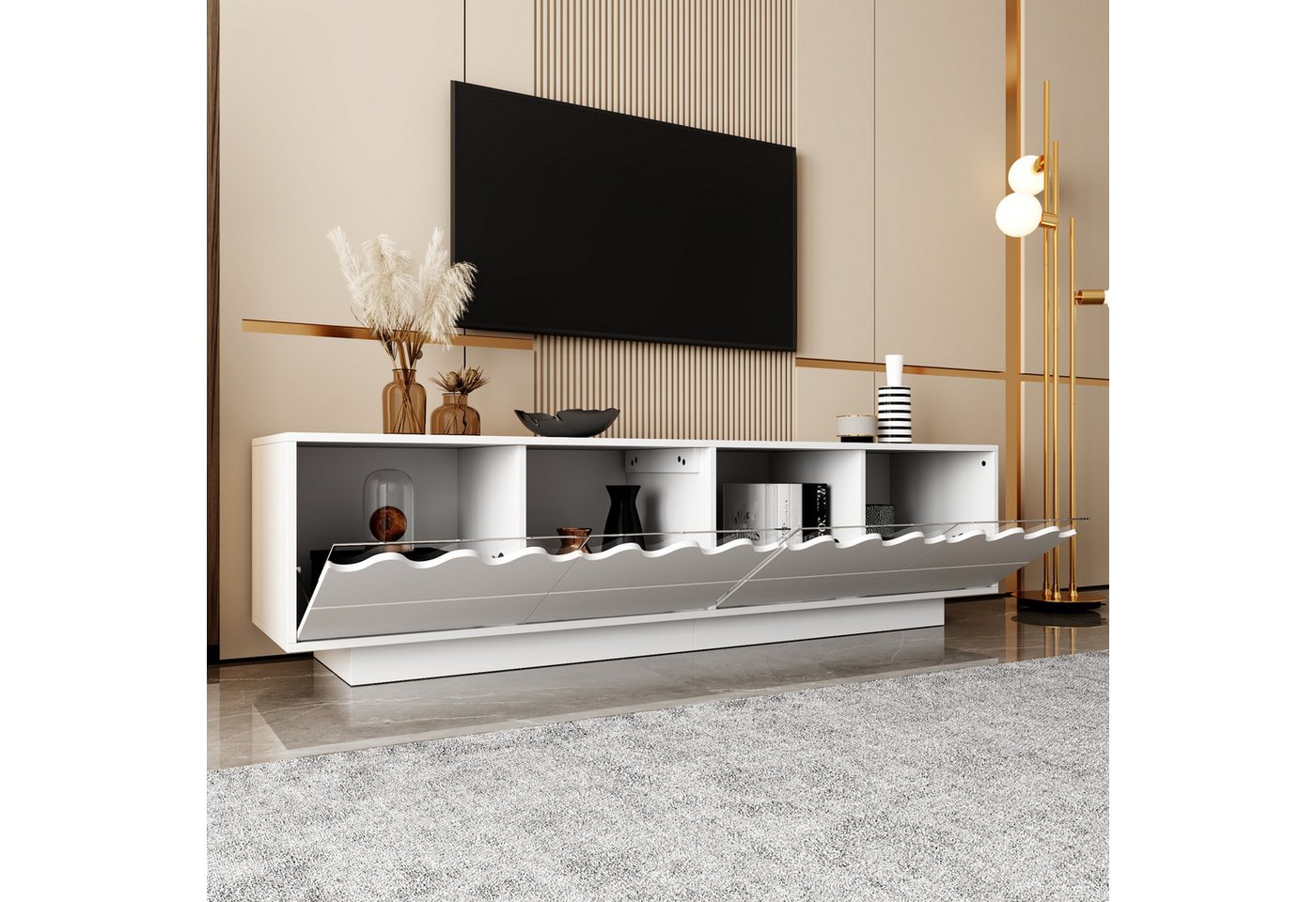 Merax Lowboard im Wellen-Design (1 St), TV-Schrank mit 4 Türen, Glasregalen und Stauraum, 170x45x40cm – Bild 4 von 5