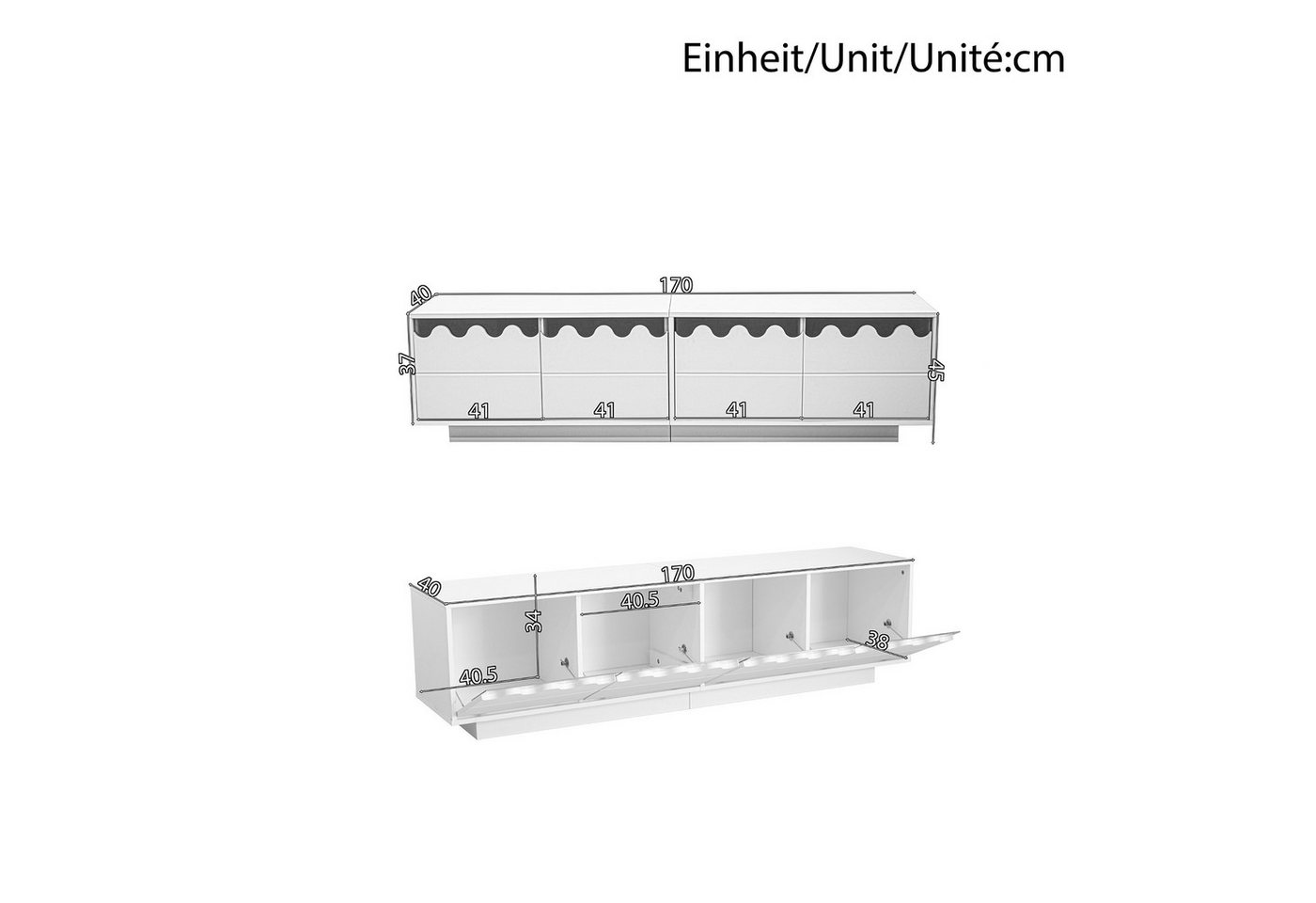 Merax Lowboard im Wellen-Design (1 St), TV-Schrank mit 4 Türen, Glasregalen und Stauraum, 170x45x40cm – Bild 5 von 5