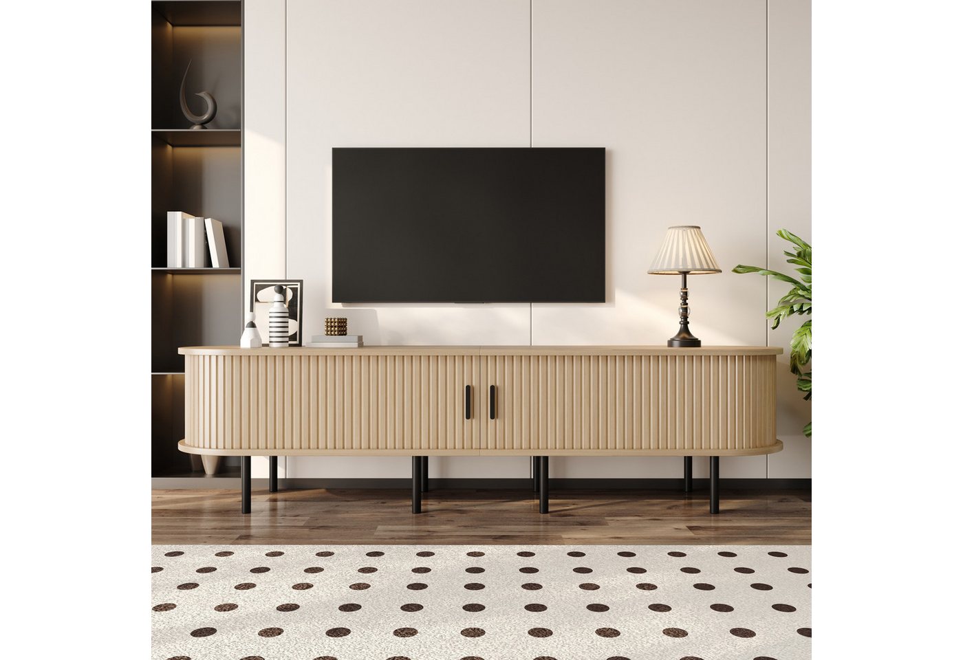 Merax Lowboard in Holzoptik, TV-Board im Rillenoptik (1 St., 170 x 40 x 46 cm (L x B x H), TV-Schrank mit 2 Schiebetüren, 2 offenen Fächern,Stauraum,Metallbeine – Bild 3 von 5