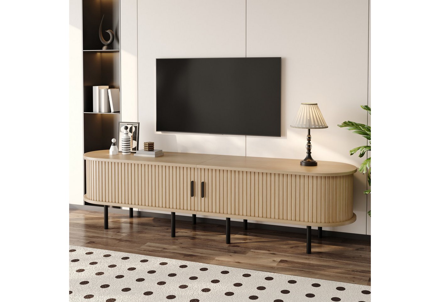 Merax Lowboard in Holzoptik, TV-Board im Rillenoptik (1 St., 170 x 40 x 46 cm (L x B x H), TV-Schrank mit 2 Schiebetüren, 2 offenen Fächern,Stauraum,Metallbeine – Bild 4 von 5