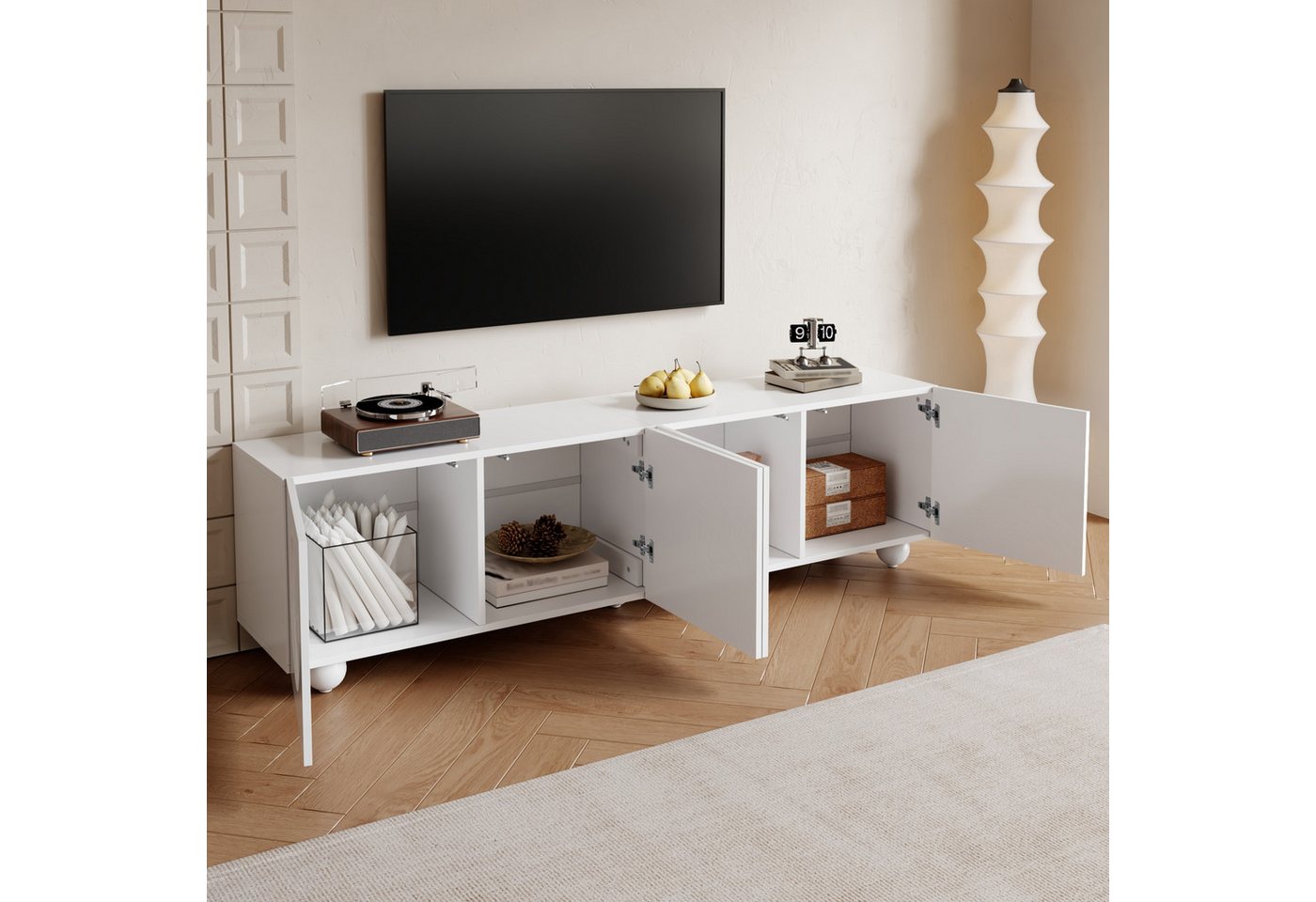 Merax Lowboard in Weiß (1 St., 180,5 x 38 x 50cm), TV-Schrank mit 4 3D-Rundrelief-Türen, Standfuß & Stauraum – Bild 2 von 5