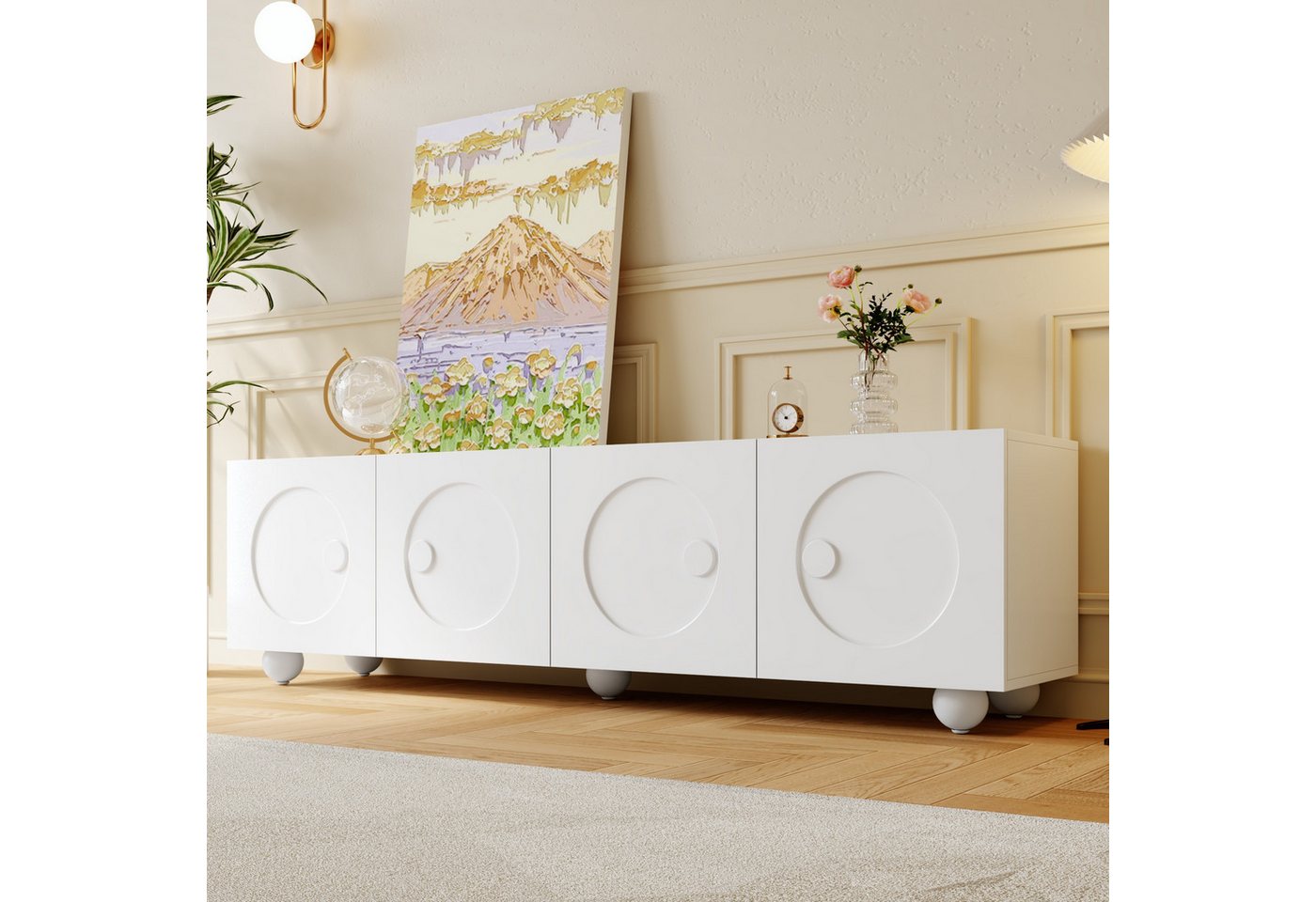 Merax Lowboard in Weiß (1 St., 180,5 x 38 x 50cm), TV-Schrank mit 4 3D-Rundrelief-Türen, Standfuß & Stauraum – Bild 3 von 5