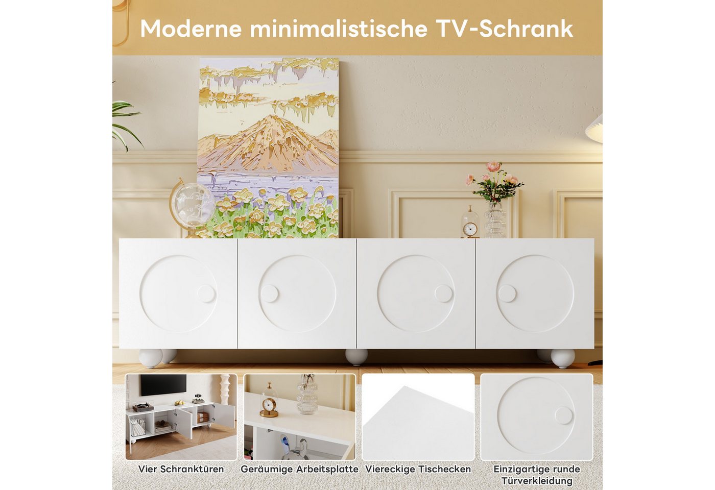 Merax Lowboard in Weiß (1 St., 180,5 x 38 x 50cm), TV-Schrank mit 4 3D-Rundrelief-Türen, Standfuß & Stauraum – Bild 5 von 5
