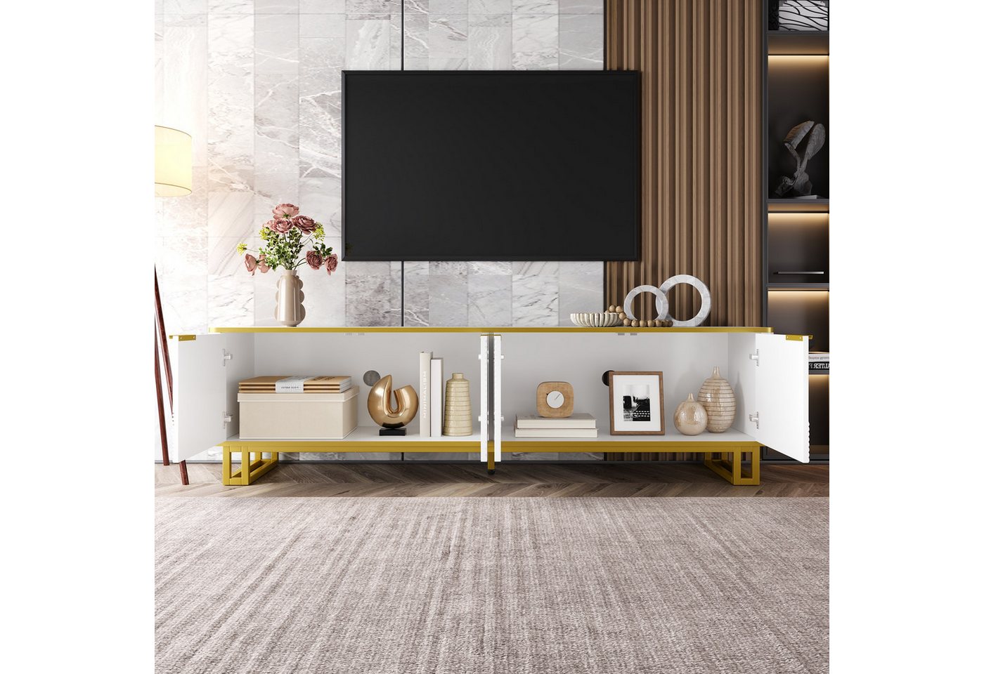 Merax Lowboard in Weiß und Gold, TV-Board mit vier Türen und Stauraum (1 St., 160 x 37,5 x 48 cm), TV-Schrank mit geometrischer 3D-Front, Kabelmanagement, Metal – Bild 2 von 5