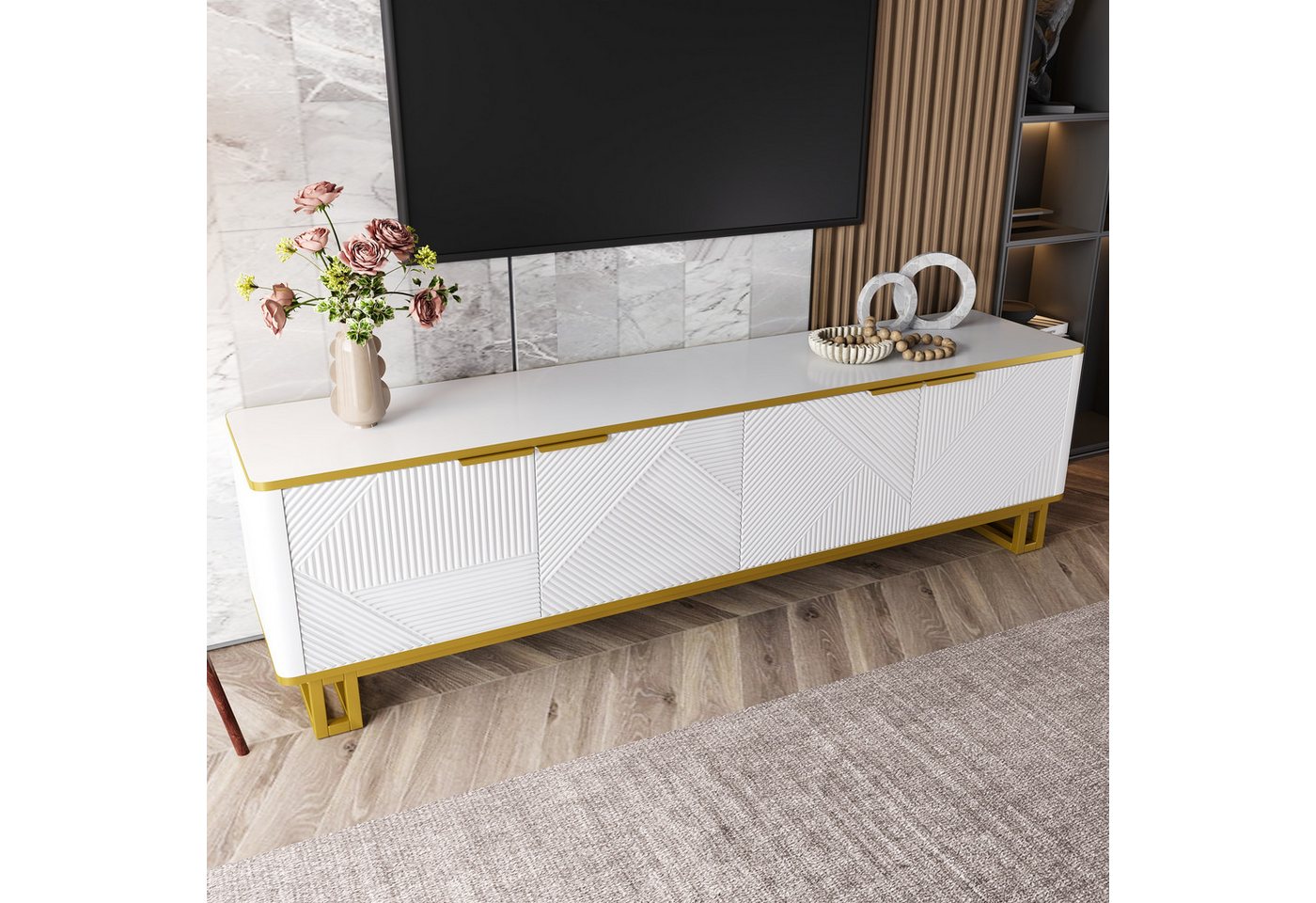 Merax Lowboard in Weiß und Gold, TV-Board mit vier Türen und Stauraum (1 St., 160 x 37,5 x 48 cm), TV-Schrank mit geometrischer 3D-Front, Kabelmanagement, Metal – Bild 3 von 5